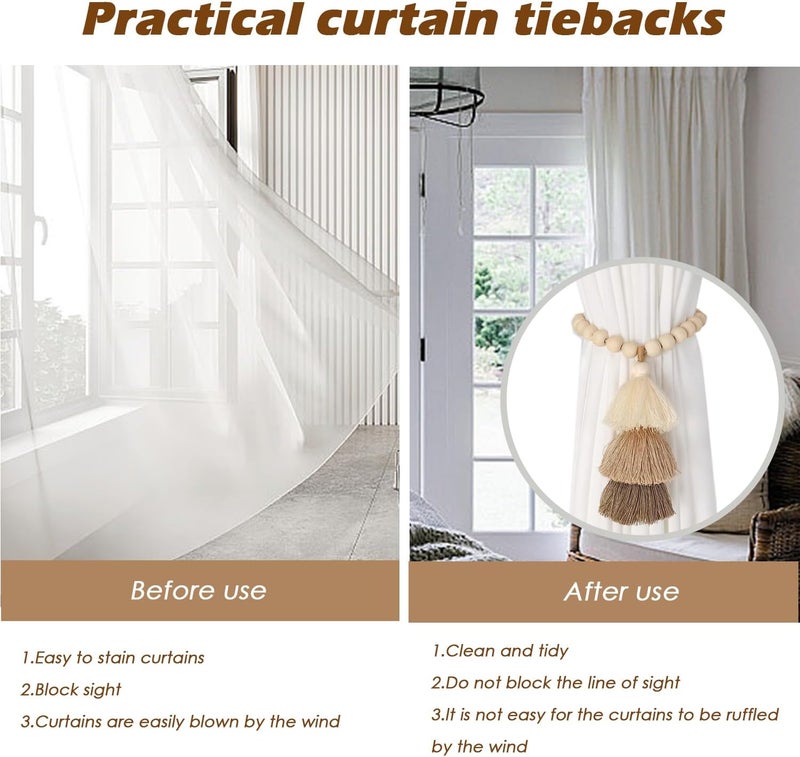 SRG Handmade Magnetic Wooden Bead Curtain Tiebacks 2 PCS | Simple Elegant Magnetic Tassel Curtain Tie Backs | Accessories Wall Decoration | Drapery Tiebacks for Bedroom Window Treatment - Image 4